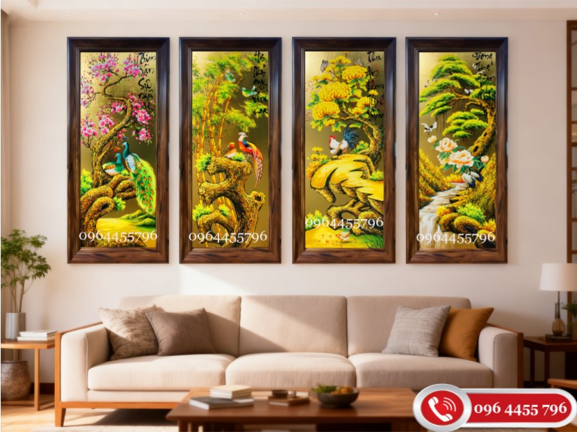 tranh tứ quý tùng cúc trúc mai tranh bốn mùa xuân hạ thu đông dát vàng mã tq15a