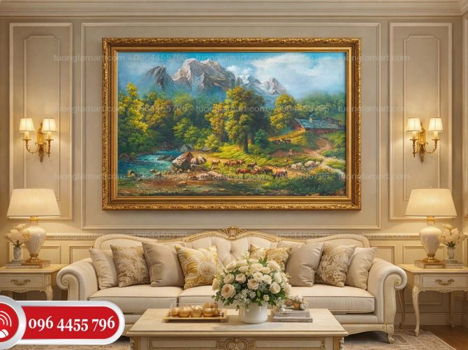 Tranh phong cảnh núi rừng châu Âu với dòng suối, đàn gia súc và ngôi nhà nhỏ treo phòng khách tân cổ điển sang trọng