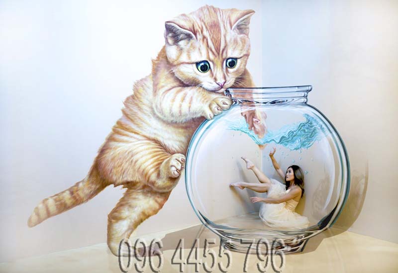 vẽ tranh tường 3d mèo cưng mã 3d03 - Tranh Sơn Dầu Vẽ Tay - Tranh Sơn Mài -  Tường Lam ART - 0964455796