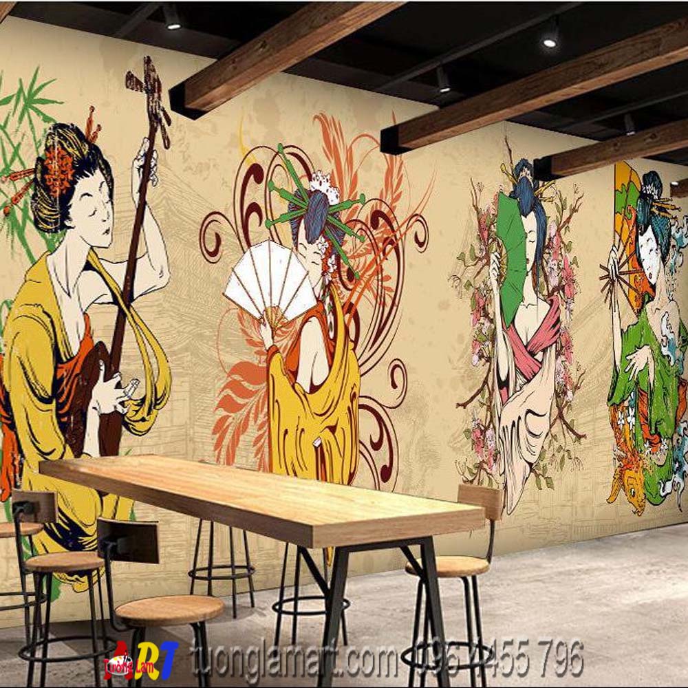 vẽ tranh tường cô gái nhà hàng nhật bản - Tranh Sơn Dầu Vẽ Tay - Tranh Sơn  Mài - Tường Lam ART - 0964455796