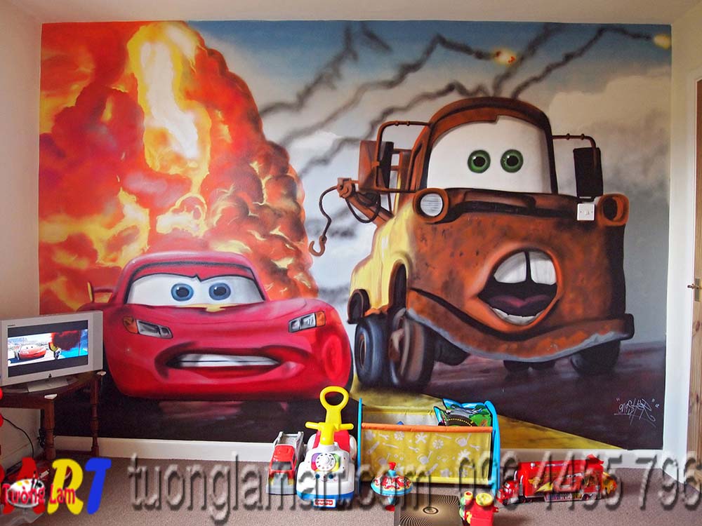 vẽ tranh tường phòng bé ô tô cars 2