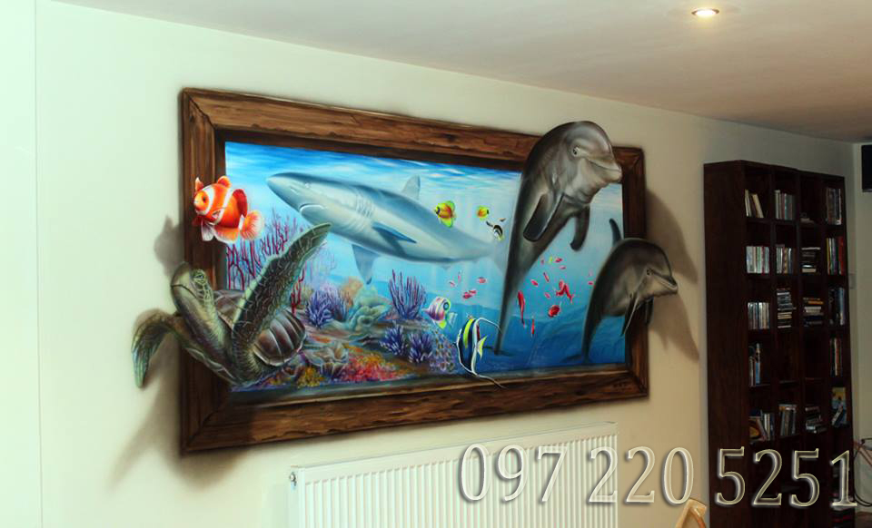 vẽ tranh tường 3d cá heo