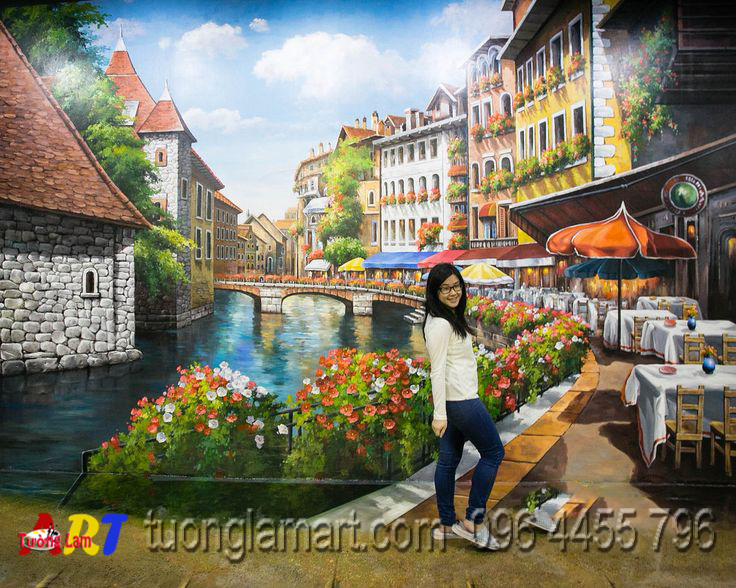 Vẽ Tranh Tường 3D Phố Tây - Tranh Sơn Dầu Vẽ Tay - Tranh Sơn Mài - Tường  Lam Art - 0964455796