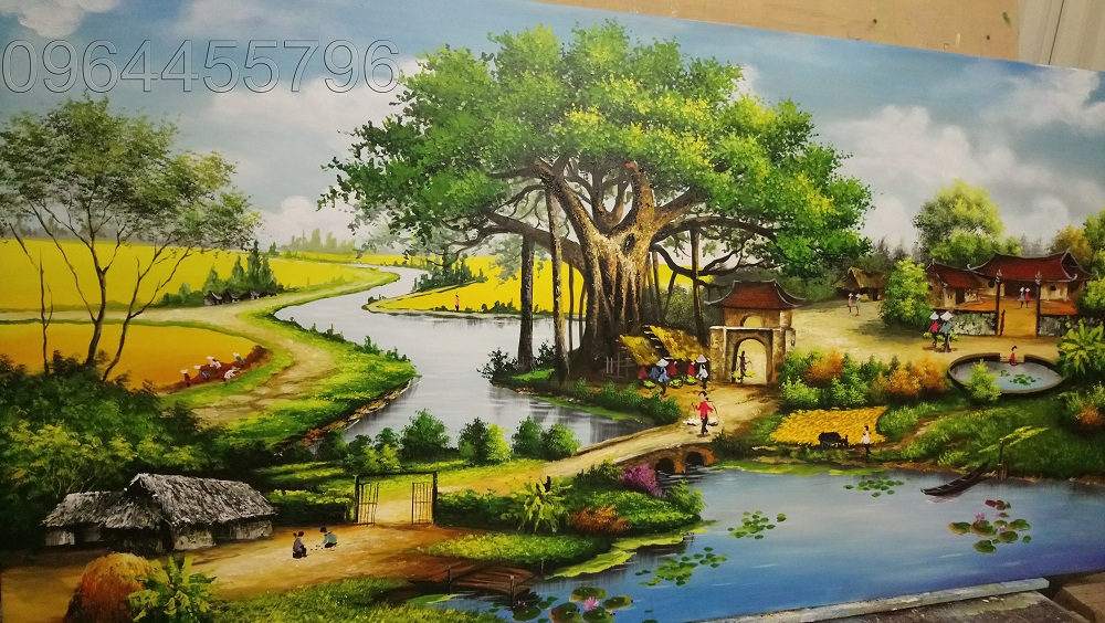 tranh phong cảnh làng quê việt nam - Tranh Sơn Dầu Vẽ Tay - Tranh Sơn Mài -  Tường Lam ART - 0964455796