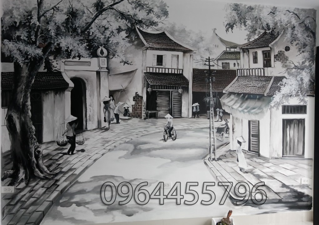Vẽ Tranh Tường Phố Cổ Hà Nội Đen Trắng - Tranh Sơn Dầu Vẽ Tay - Tranh Sơn  Mài - Tường Lam Art - 0964455796