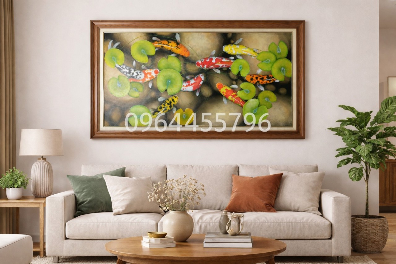 Tranh cá chép Koi và hoa sen phong thủy treo tường trang trí phòng khách sang trọng.