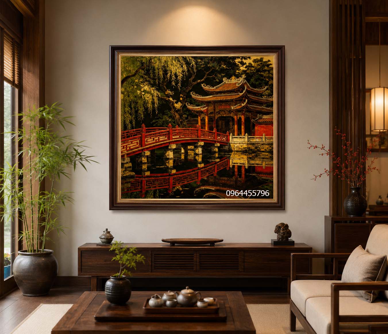 tranh sơn mài chùa cổ bên hồ