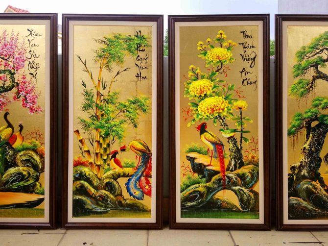 bộ tranh tứ quý đào cúc trúc mai dát vàng trên vải vẽ sơn dầu