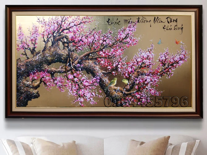 tranh hoa đào dát vàng mã HD04