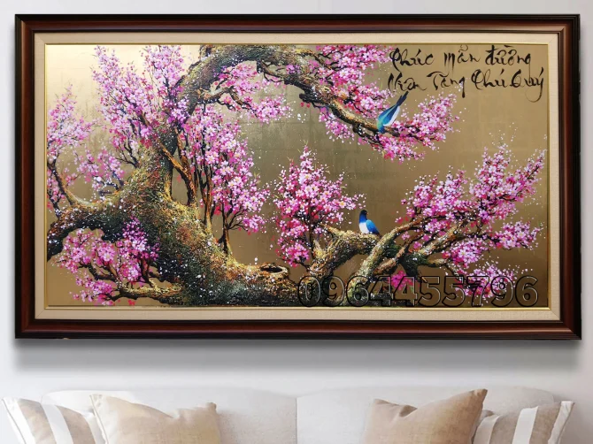 tranh hoa đào dát vàng mã HD05