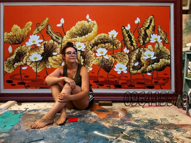 tranh hoa sen hiện đại sơn dầu vẽ tay ( sáng tác )