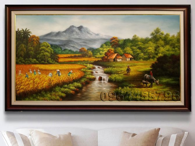 tranh phong cảnh làng quê mùa thu hoạch lúa