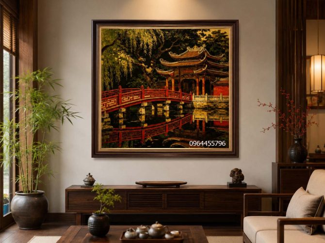 tranh sơn mài chùa cổ bên hồ
