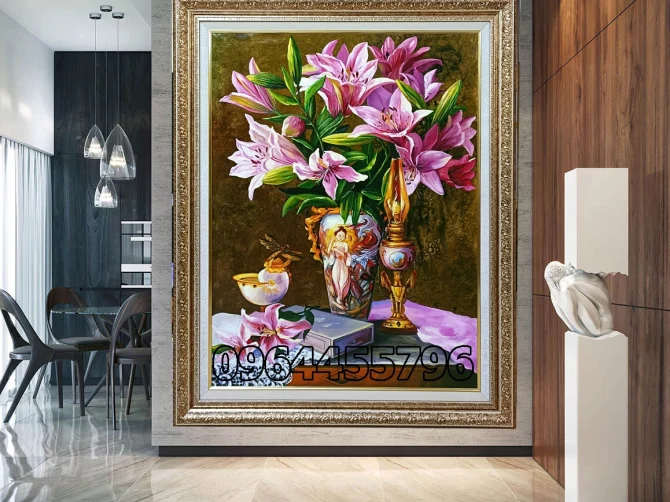 tranh tĩnh vật hoa ly chất liệu sơn dầu kết hợp sơn mài mã HL01