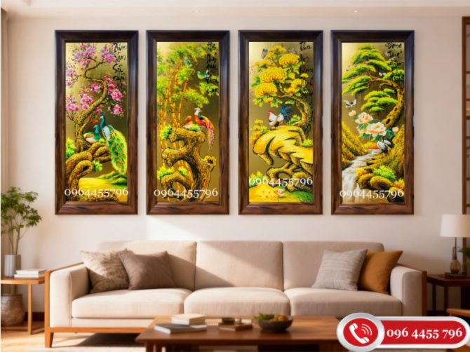 tranh tứ quý tùng cúc trúc mai tranh bốn mùa xuân hạ thu đông dát vàng mã tq15a
