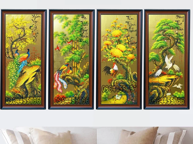 tranh tứ quý tùng cúc trúc mai tranh dát vàng MÃ TQ13