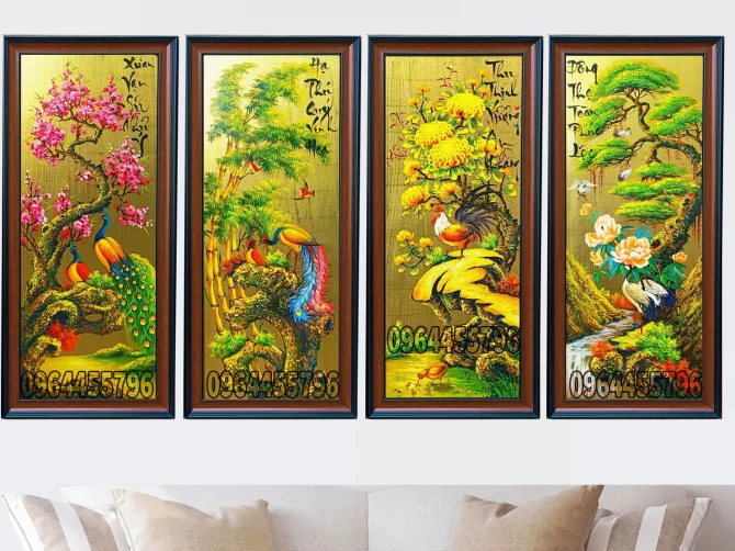 tranh xuân hạ thu đông tranh dát vàng MÃ TQ15