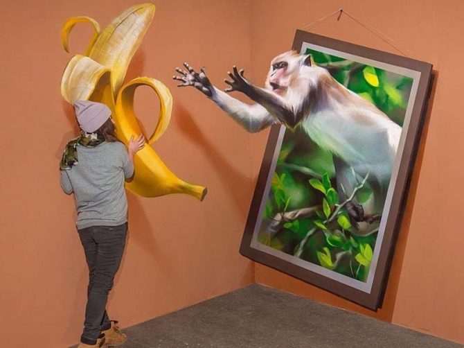 vẽ tranh tường 3d chú khỉ con