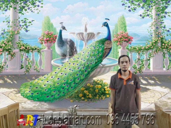 vẽ tranh tường 3d chim công