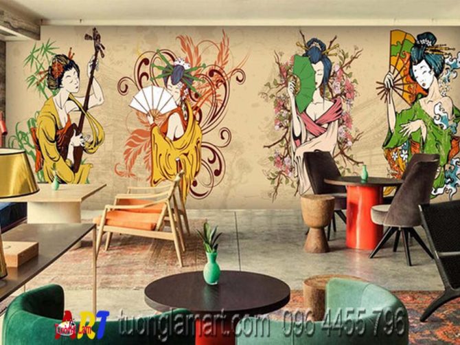 vẽ tranh tường cô gái nhà hàng nhật bản