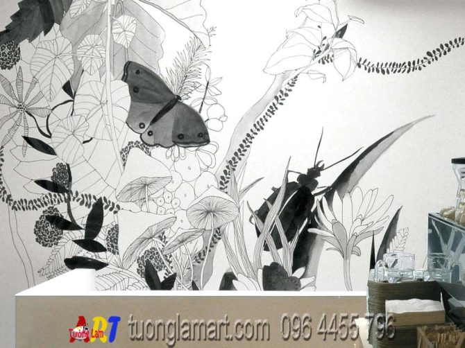 vẽ tranh tường họa tiết hoa lá đen trắng đẹp