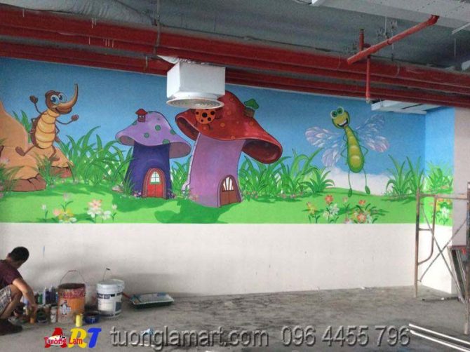 vẽ tranh tường mầm non cây nấm