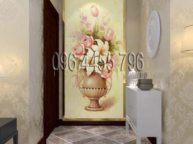 vẽ tranh tường phòng khách bình hoa