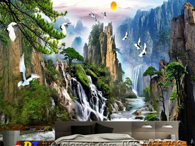 vẽ tranh tường phòng khách phong cảnh sơn thủy